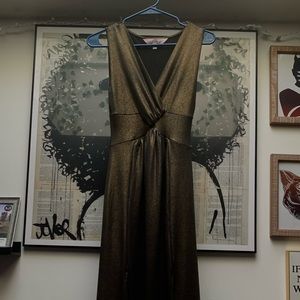 Olive green gold shimmer elastic maxi dress great for a night at the theater.